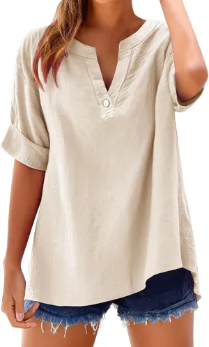 Linen Shirts for Women V Neck Short Sleeve Shirts Casual Button Summer Shirt Loose Fit Collared Tops Beach Blouses