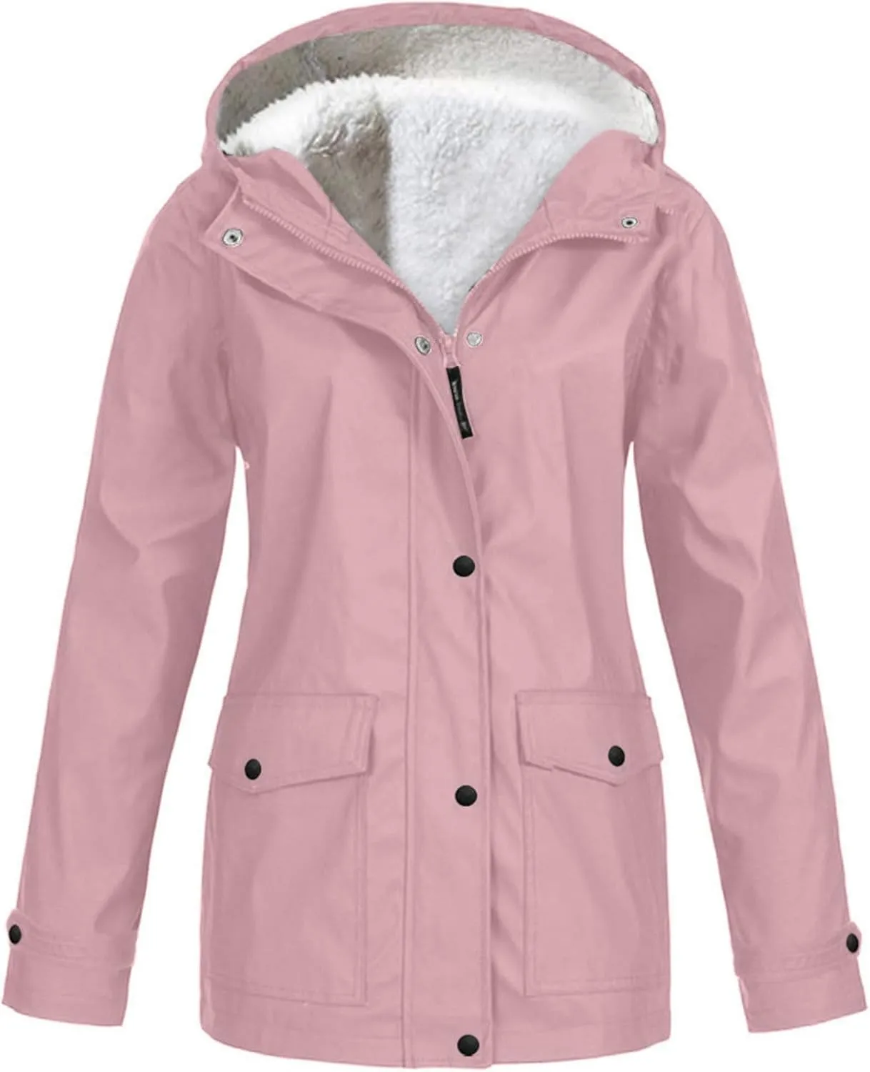 Lmdudan 2024 Trendy Waterproof Rain Jacket for Women Lightweight Zip Up Long Hooded Raincoat Outdoor Fleece Lined Trench Coat