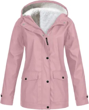 Lmdudan 2024 Trendy Waterproof Rain Jacket for Women Lightweight Zip Up Long Hooded Raincoat Outdoor Fleece Lined Trench Coat