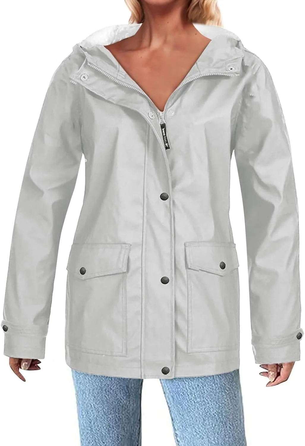 Lmdudan 2024 Trendy Waterproof Rain Jacket for Women Lightweight Zip Up Long Hooded Raincoat Outdoor Fleece Lined Trench Coat