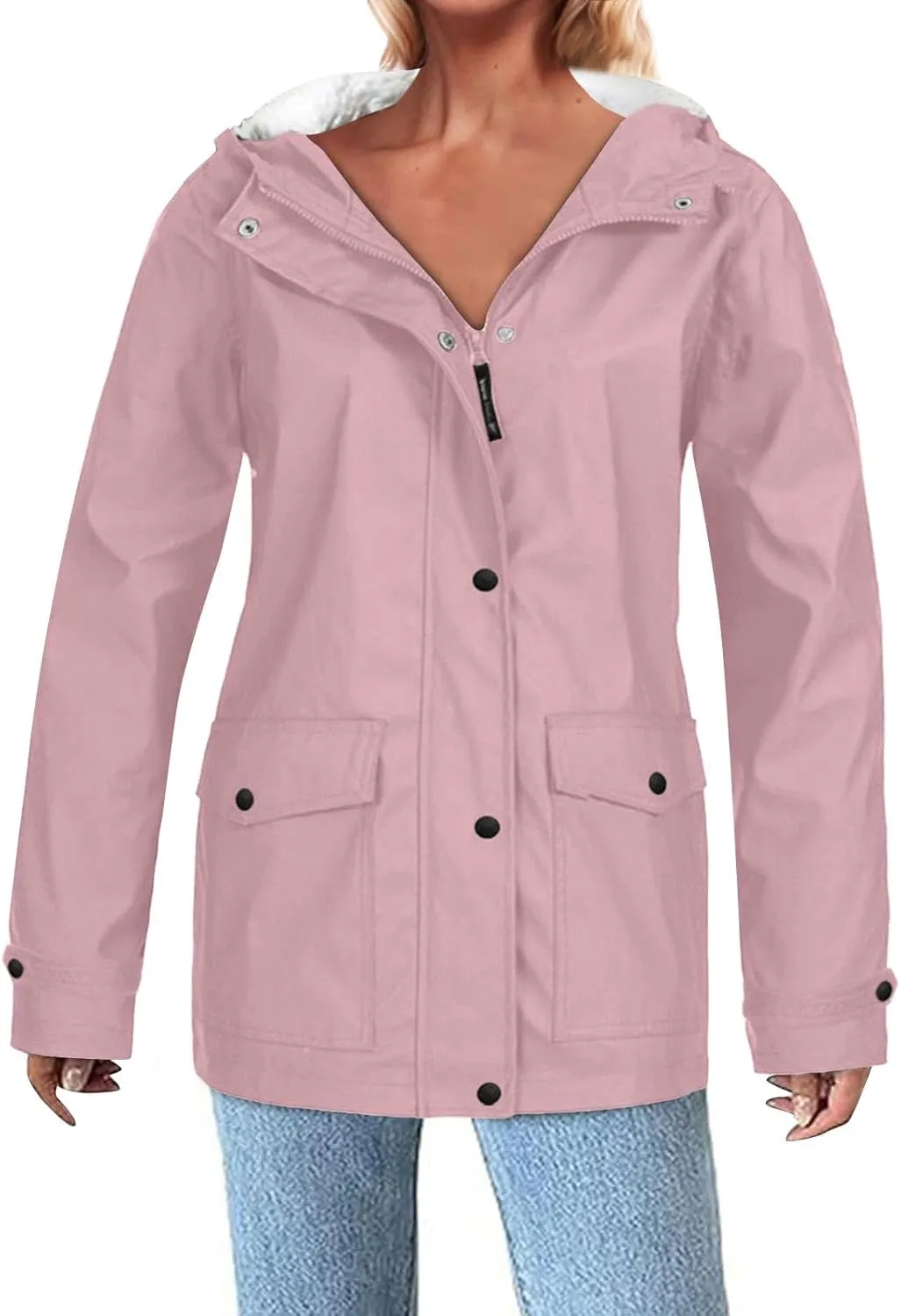Lmdudan 2024 Trendy Waterproof Rain Jacket for Women Lightweight Zip Up Long Hooded Raincoat Outdoor Fleece Lined Trench Coat