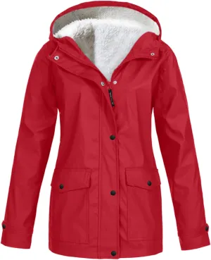 Lmdudan 2024 Trendy Waterproof Rain Jacket for Women Lightweight Zip Up Long Hooded Raincoat Outdoor Fleece Lined Trench Coat