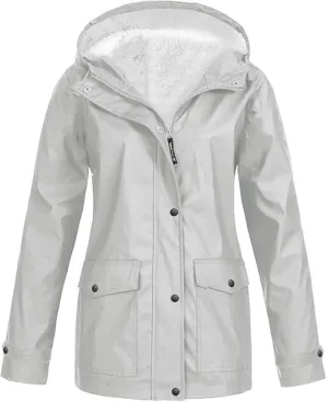Lmdudan 2024 Trendy Waterproof Rain Jacket for Women Lightweight Zip Up Long Hooded Raincoat Outdoor Fleece Lined Trench Coat