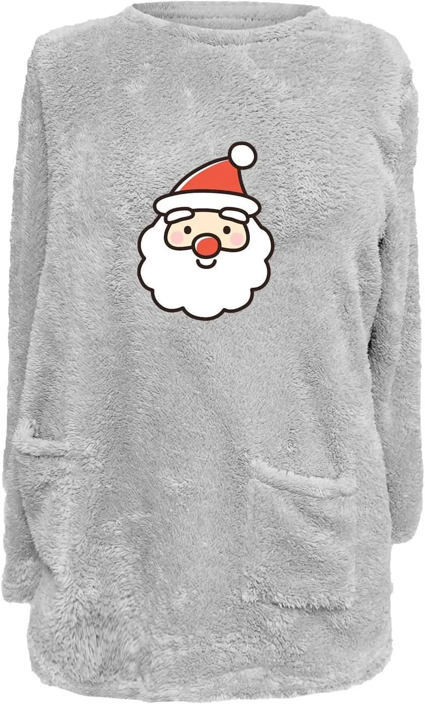 Long Fleece Sweatshirt for Women Fashion Graphic Sweater Tops Sherpa Linend Pullover with Pockets Long Sleeve Tunic