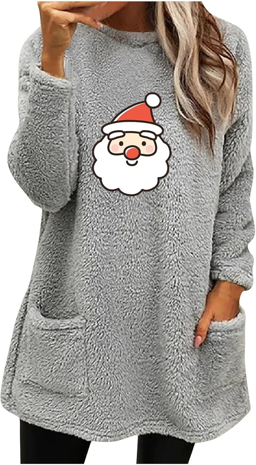 Long Fleece Sweatshirt for Women Fashion Graphic Sweater Tops Sherpa Linend Pullover with Pockets Long Sleeve Tunic