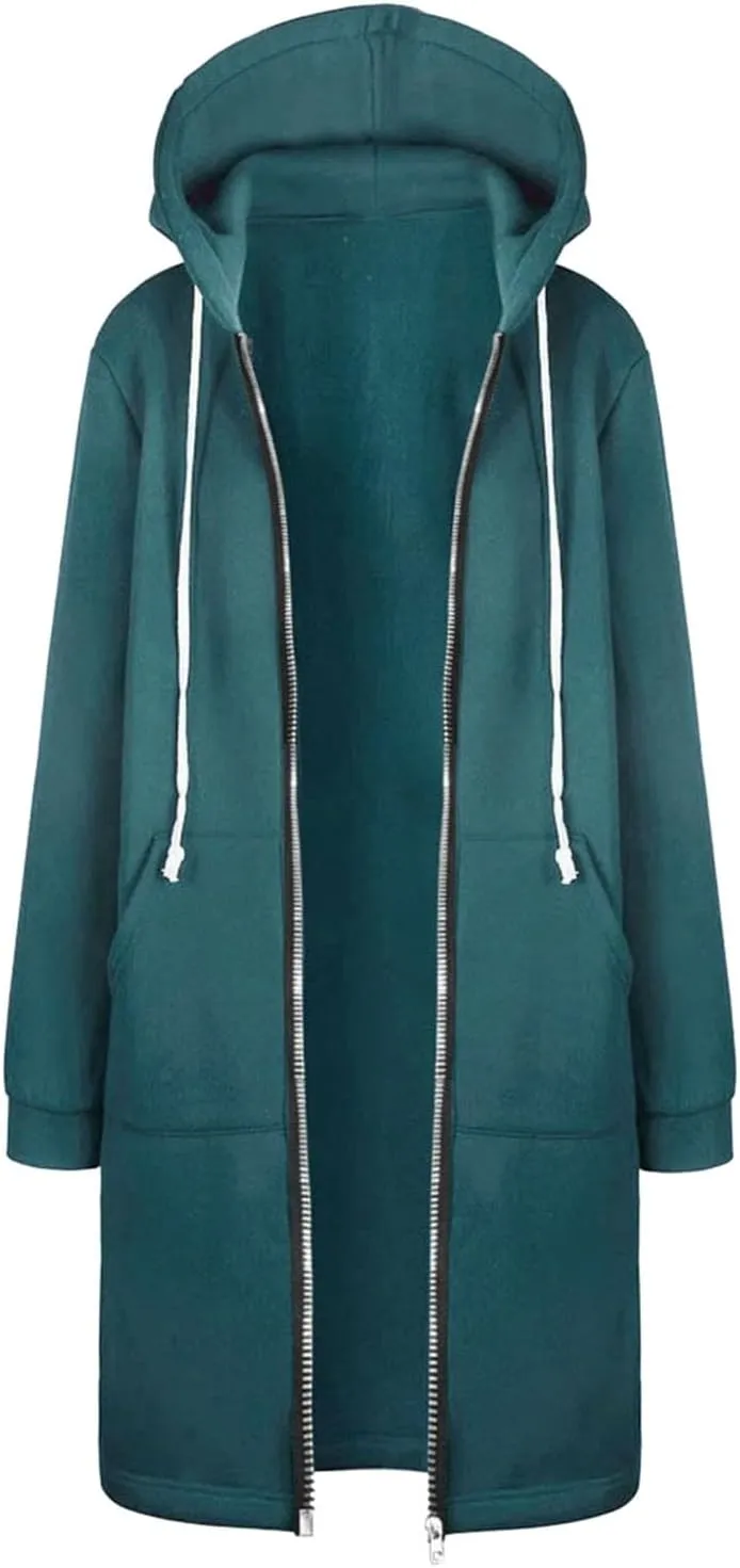 Long Hoodie for Women 2024 Casual Zip Up Drawstring Fleece Sweatshirt Oversized Jackets Coat Lightweight Fall Outwear