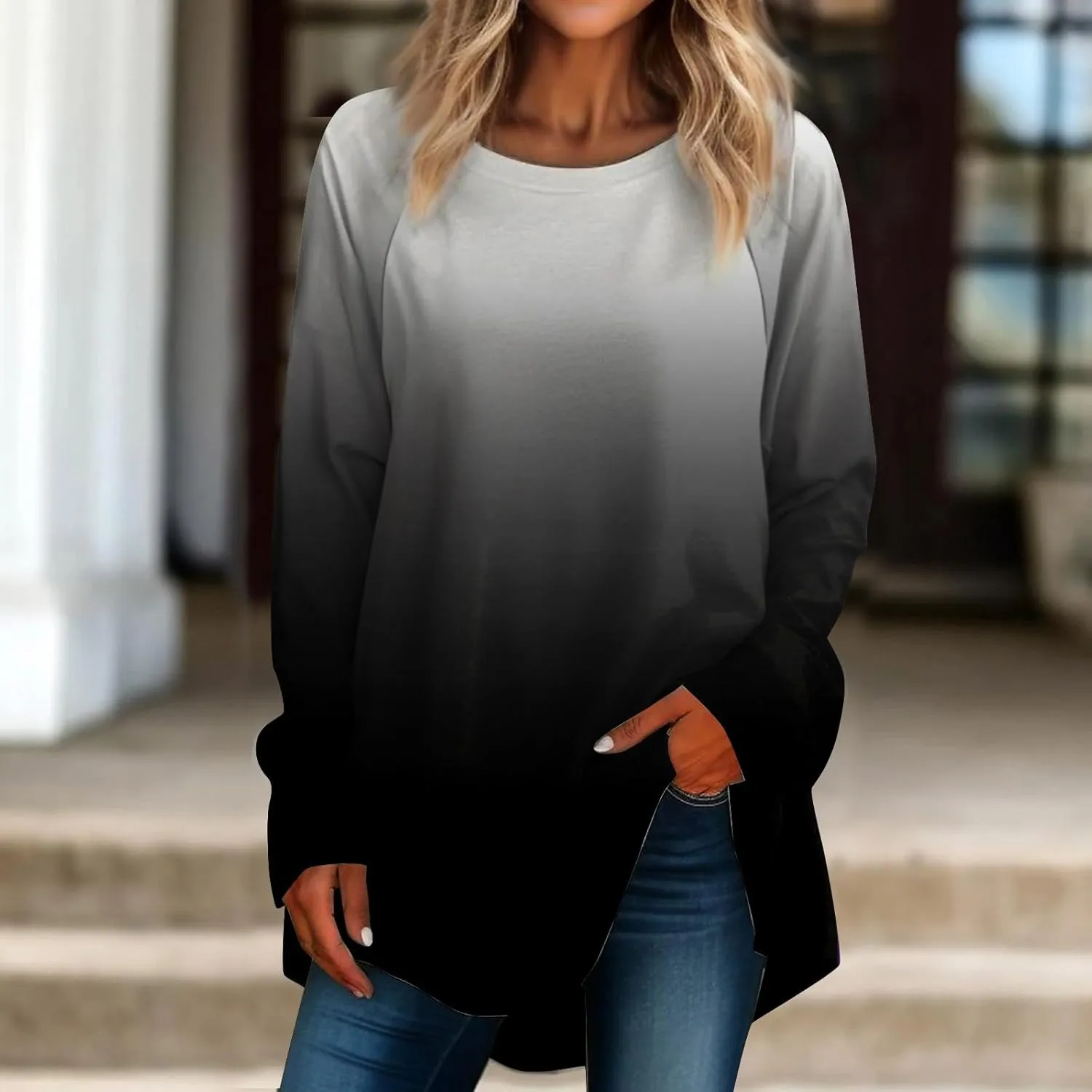 Long Sleeve Fitted Tops for Women Crewneck Solid Blouse Retro Tunic Pullover Loose Fit Casual Shirt Fall Fashion Top