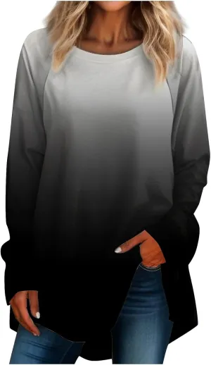 Long Sleeve Fitted Tops for Women Crewneck Solid Blouse Retro Tunic Pullover Loose Fit Casual Shirt Fall Fashion Top