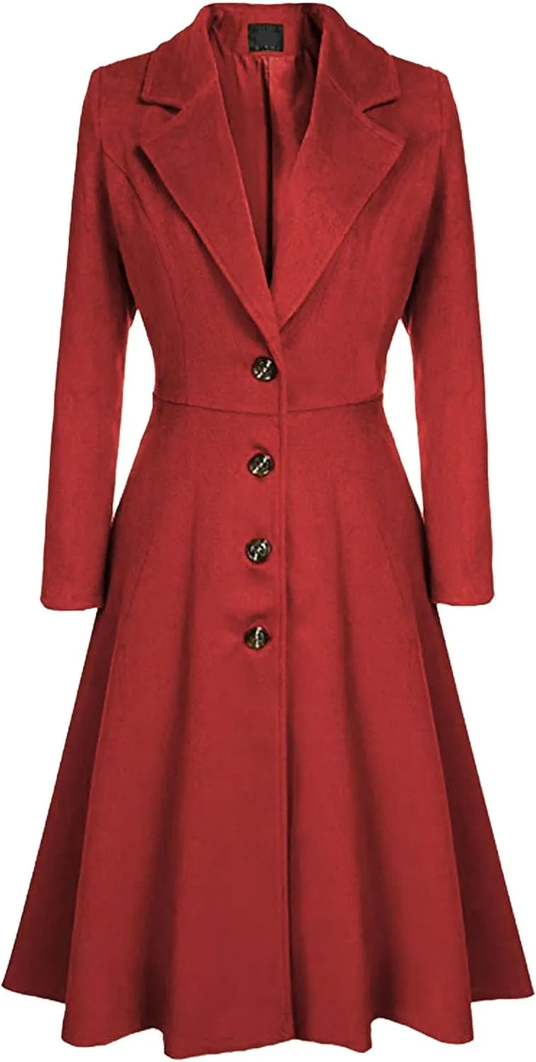 Maiyifu-GJ Women's Winter Warm Wool Dress Overcoat Notch Lapel Single Breasted Coat Elegant Lapel Long Trench Coat Jacket