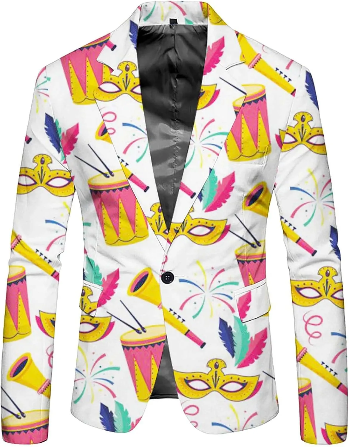 Mardi Gras Blazer for Men 3D Print Shawl Lapel Slim Fit Jacket One Button Long Sleeve Coat Trendy Outwear with Pocket