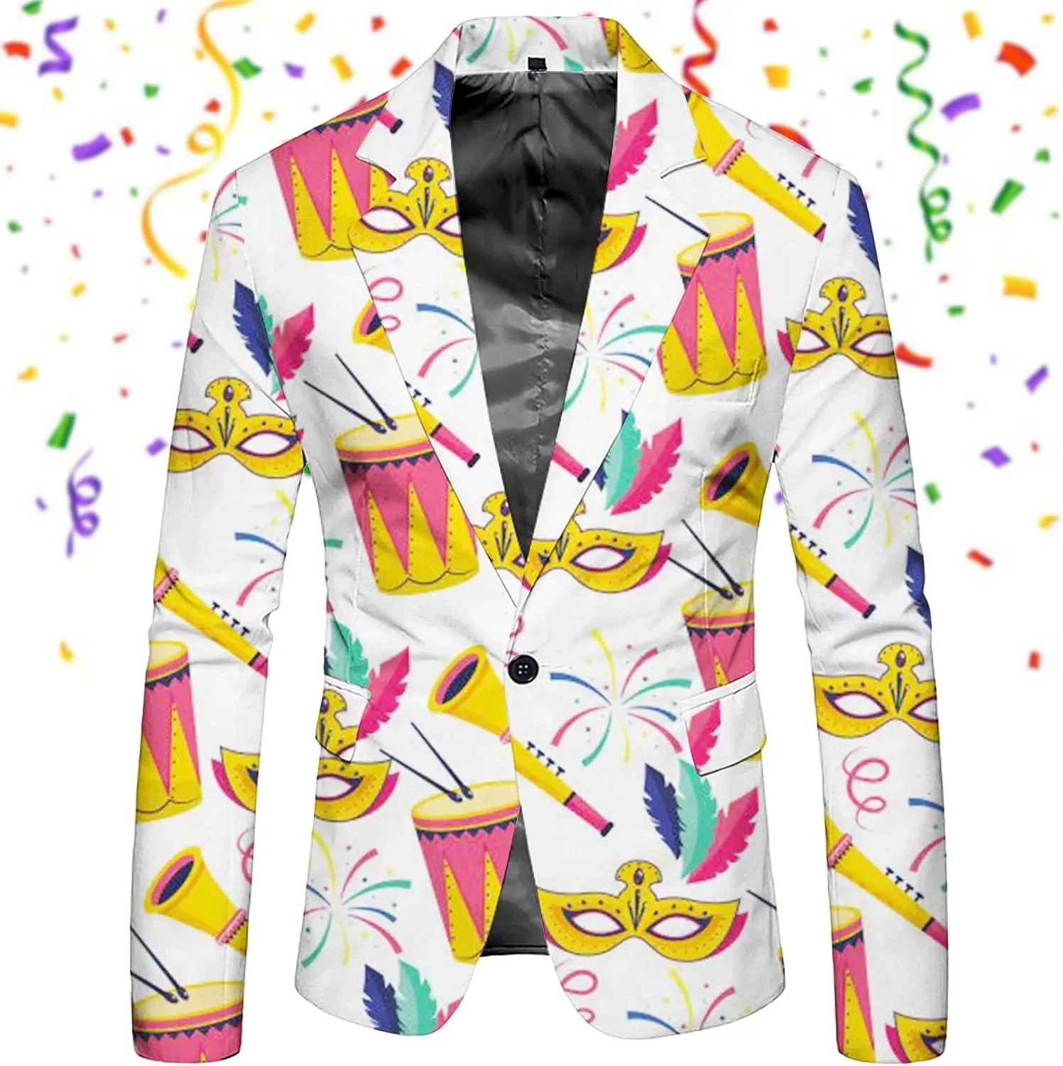 Mardi Gras Blazer for Men 3D Print Shawl Lapel Slim Fit Jacket One Button Long Sleeve Coat Trendy Outwear with Pocket