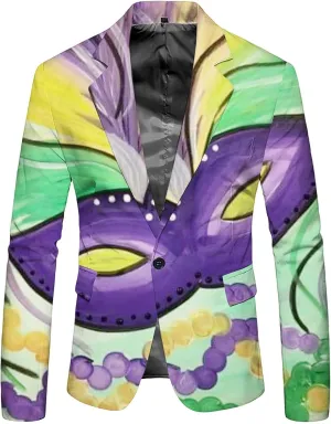 Mardi Gras Blazer for Men 3D Print Shawl Lapel Slim Fit Jacket One Button Long Sleeve Coat Trendy Outwear with Pocket