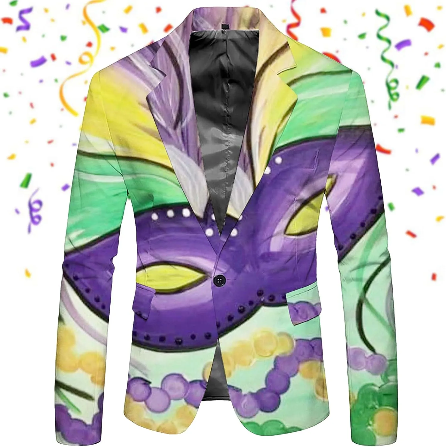 Mardi Gras Blazer for Men 3D Print Shawl Lapel Slim Fit Jacket One Button Long Sleeve Coat Trendy Outwear with Pocket