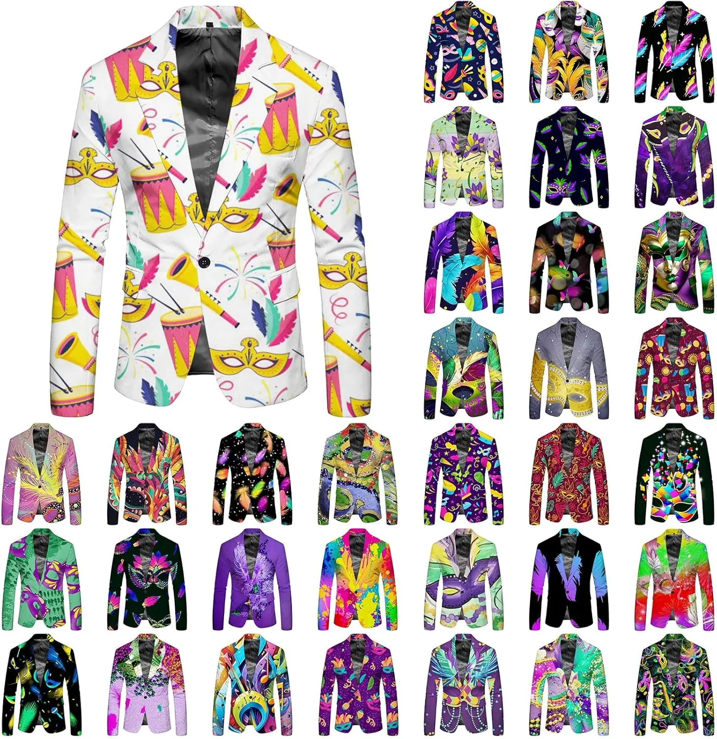 Mardi Gras Blazer for Men 3D Print Shawl Lapel Slim Fit Jacket One Button Long Sleeve Coat Trendy Outwear with Pocket