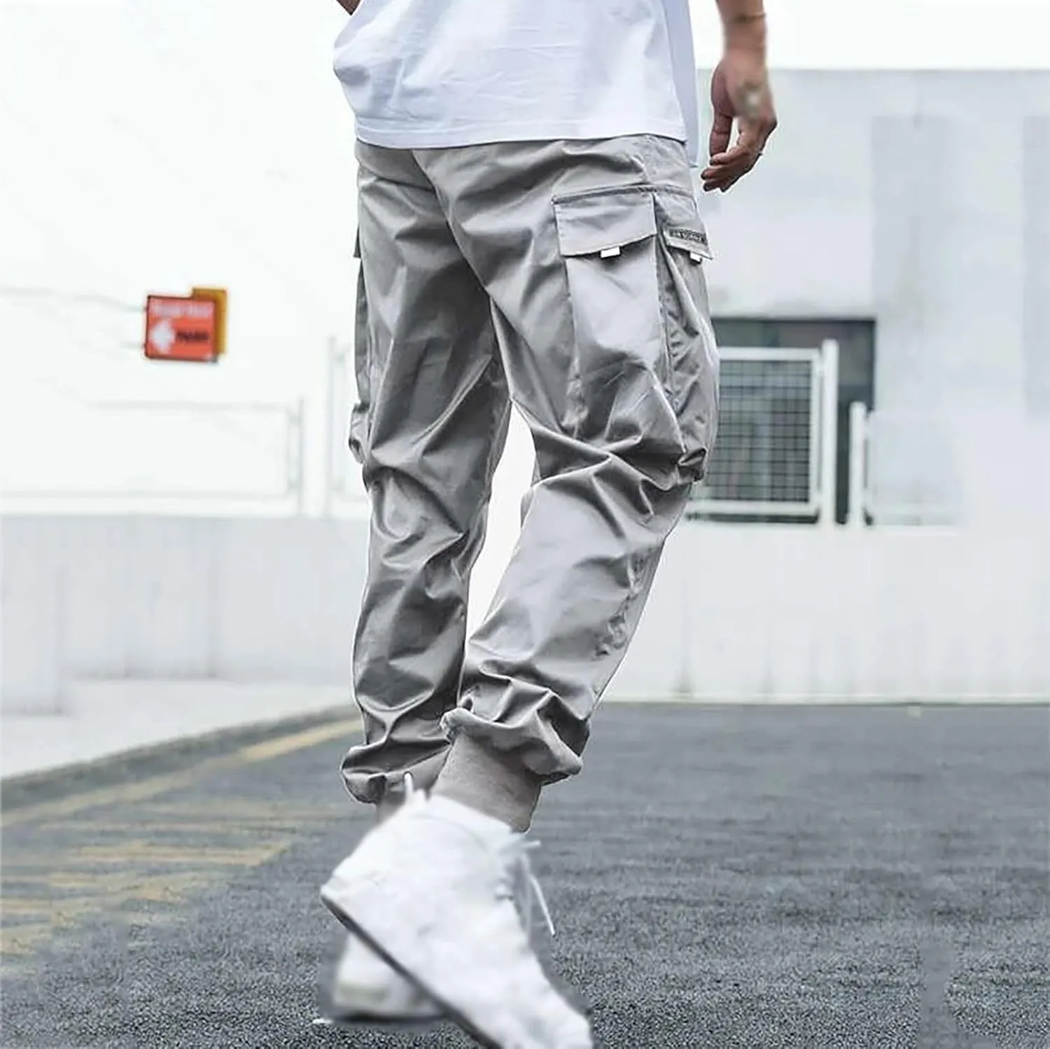 Men Cargo Pants Big and Tall Elastic Waist Drawstring Parachuted Pants Lightweight Baggy Plus Size Sweatpants with Pockets