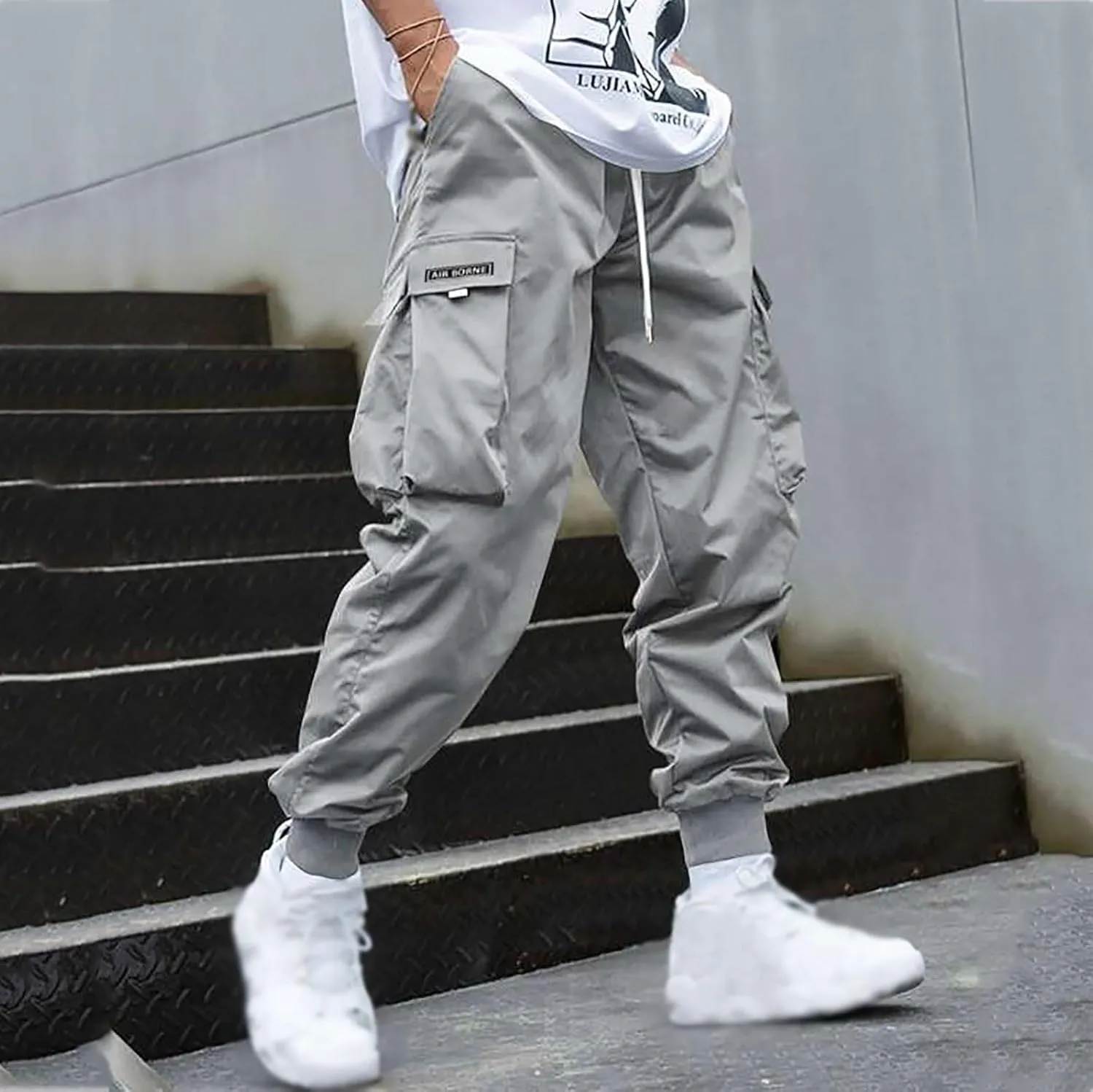Men Cargo Pants Big and Tall Elastic Waist Drawstring Parachuted Pants Lightweight Baggy Plus Size Sweatpants with Pockets