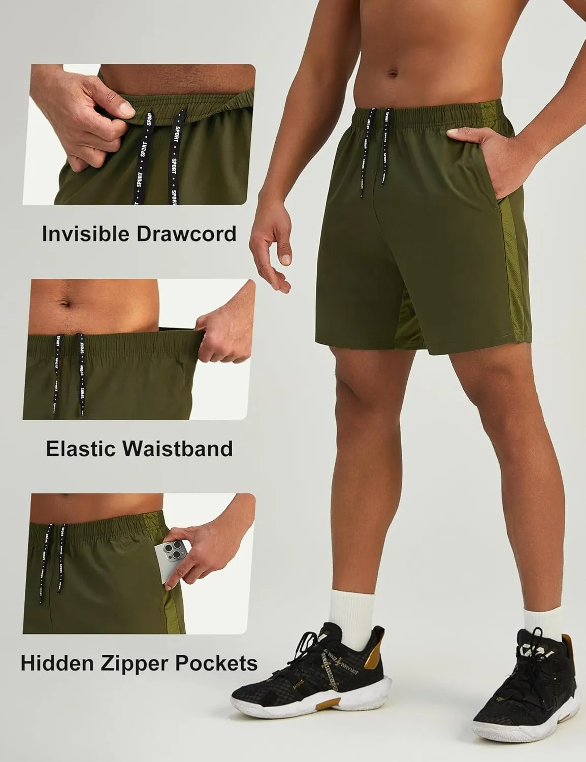 Mens 7'' Lightweight Athletic Shorts Quick Dry Gym Workout Running Shorts with Zipper Pockets