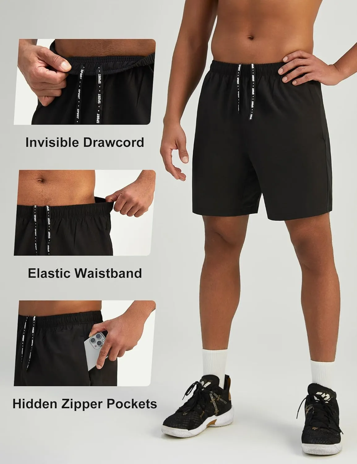 Mens 7'' Lightweight Athletic Shorts Quick Dry Gym Workout Running Shorts with Zipper Pockets