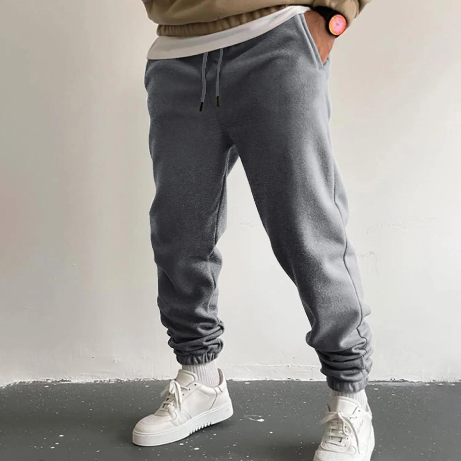 Mens Autumn and Winter High Street Fashion Leisure Loose Sports Running Solid Color Lace Up Pants Sweater Pants