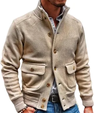 Men's Cardigan Sweater Jacket Casual Chunky Knit Stand Collar Jackets Button Down Long Sleeve Sweaters Fall Winter