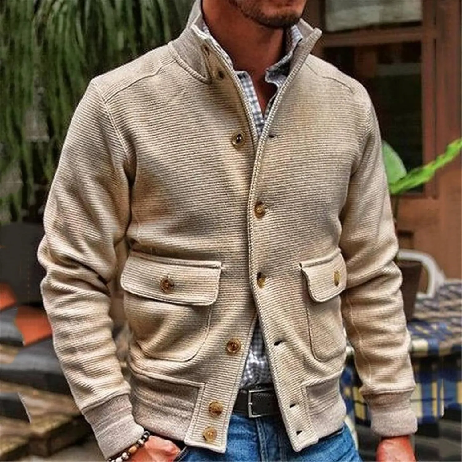 Men's Cardigan Sweater Jacket Casual Chunky Knit Stand Collar Jackets Button Down Long Sleeve Sweaters Fall Winter