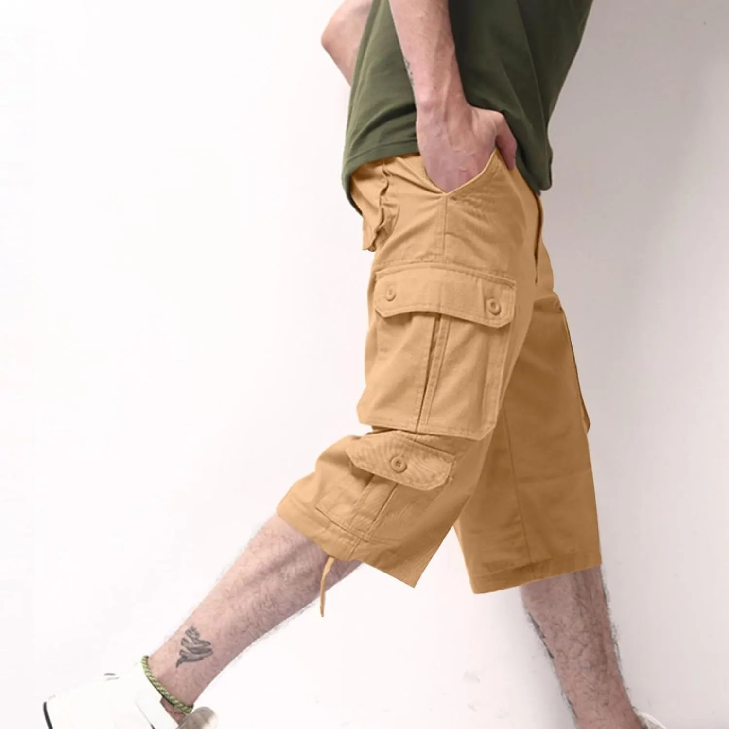 Mens Cargo 3/4 Pants Plus Size Soft Stretchy Outdoor Drawstring Work Pants Quick Dry Capri Pants Trousers for Gym