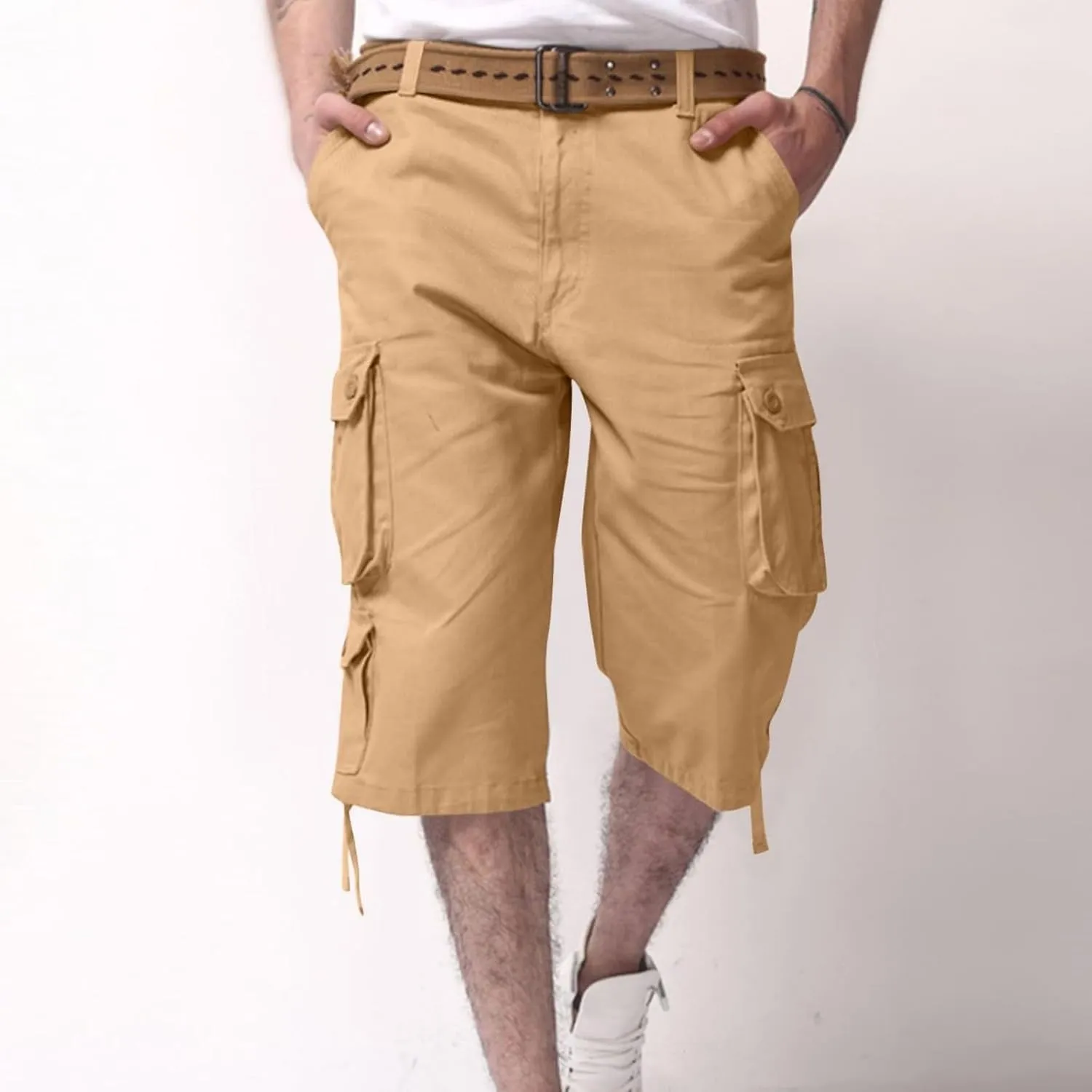 Mens Cargo 3/4 Pants Plus Size Soft Stretchy Outdoor Drawstring Work Pants Quick Dry Capri Pants Trousers for Gym