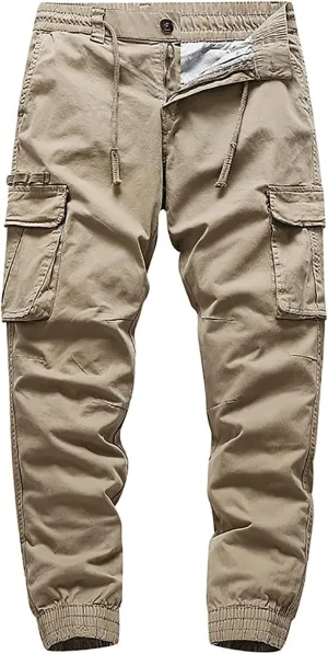 Men's Cargo Pants Big and Tall Elastic Waist Drawstring Workwear Lightweight Solid Color Casual Sweatpants with Pockets