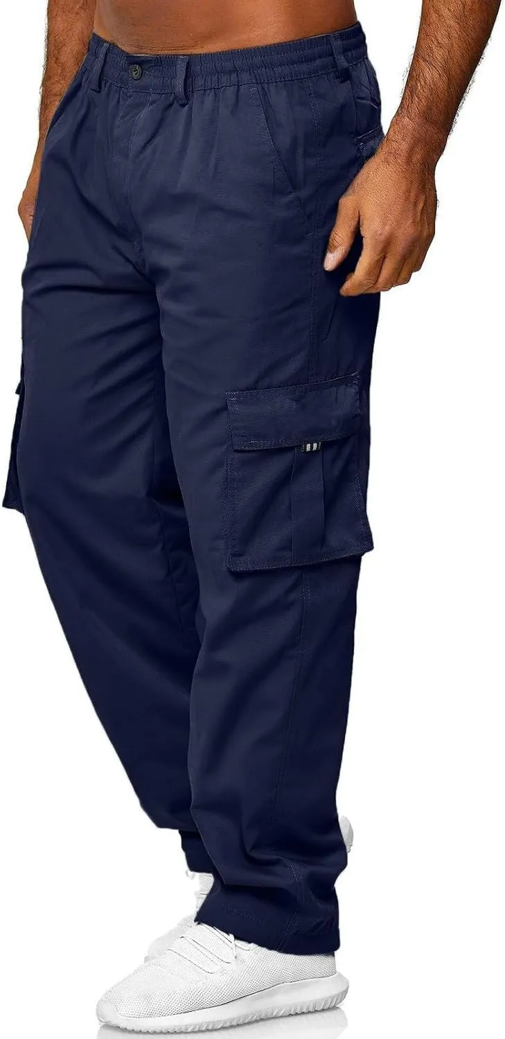 Mens Cargo Pants Big and Tall Elastic Waist Loose Fit Sweatpants Casual Lightweight Stretch Straight Leg Joggers with Pockets