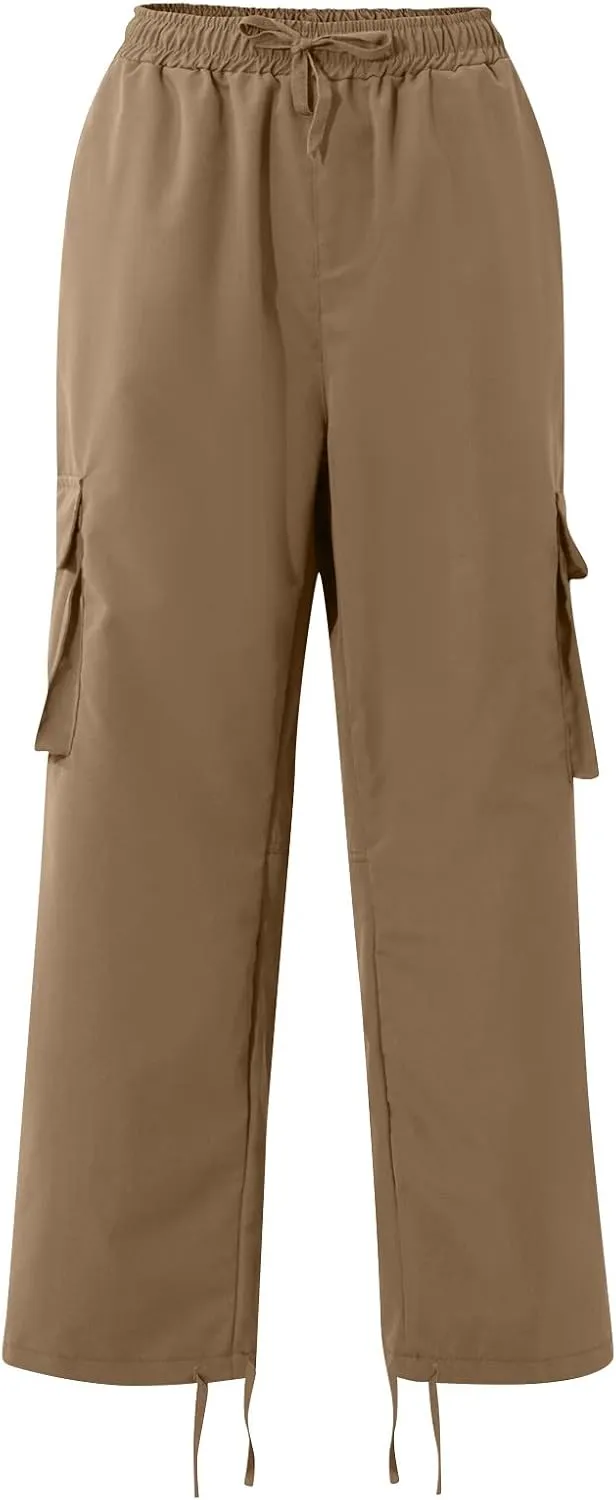 Mens Cargo Pants Casual Drawstring Waist Parachute Pants Baggy Outdoor Adjustable Hiking Pants with Multi Pockets
