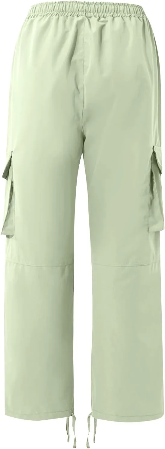 Mens Cargo Pants Casual Drawstring Waist Parachute Pants Baggy Outdoor Adjustable Hiking Pants with Multi Pockets