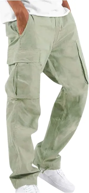 Mens Cargo Pants Casual Drawstring Waist Parachute Pants Baggy Outdoor Adjustable Hiking Pants with Multi Pockets