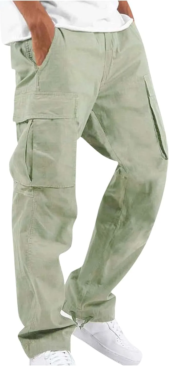 Mens Cargo Pants Casual Drawstring Waist Parachute Pants Baggy Outdoor Adjustable Hiking Pants with Multi Pockets