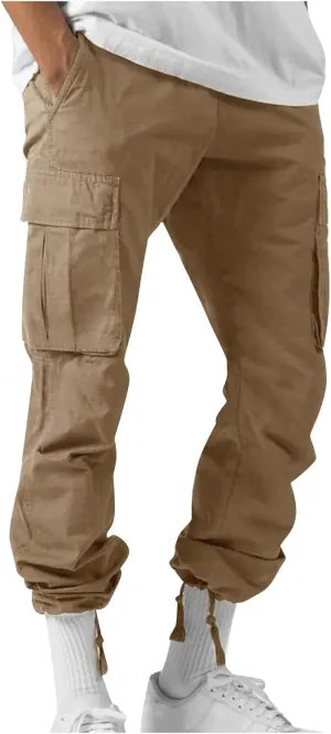 Mens Cargo Pants Casual Drawstring Waist Parachute Pants Baggy Outdoor Adjustable Hiking Pants with Multi Pockets