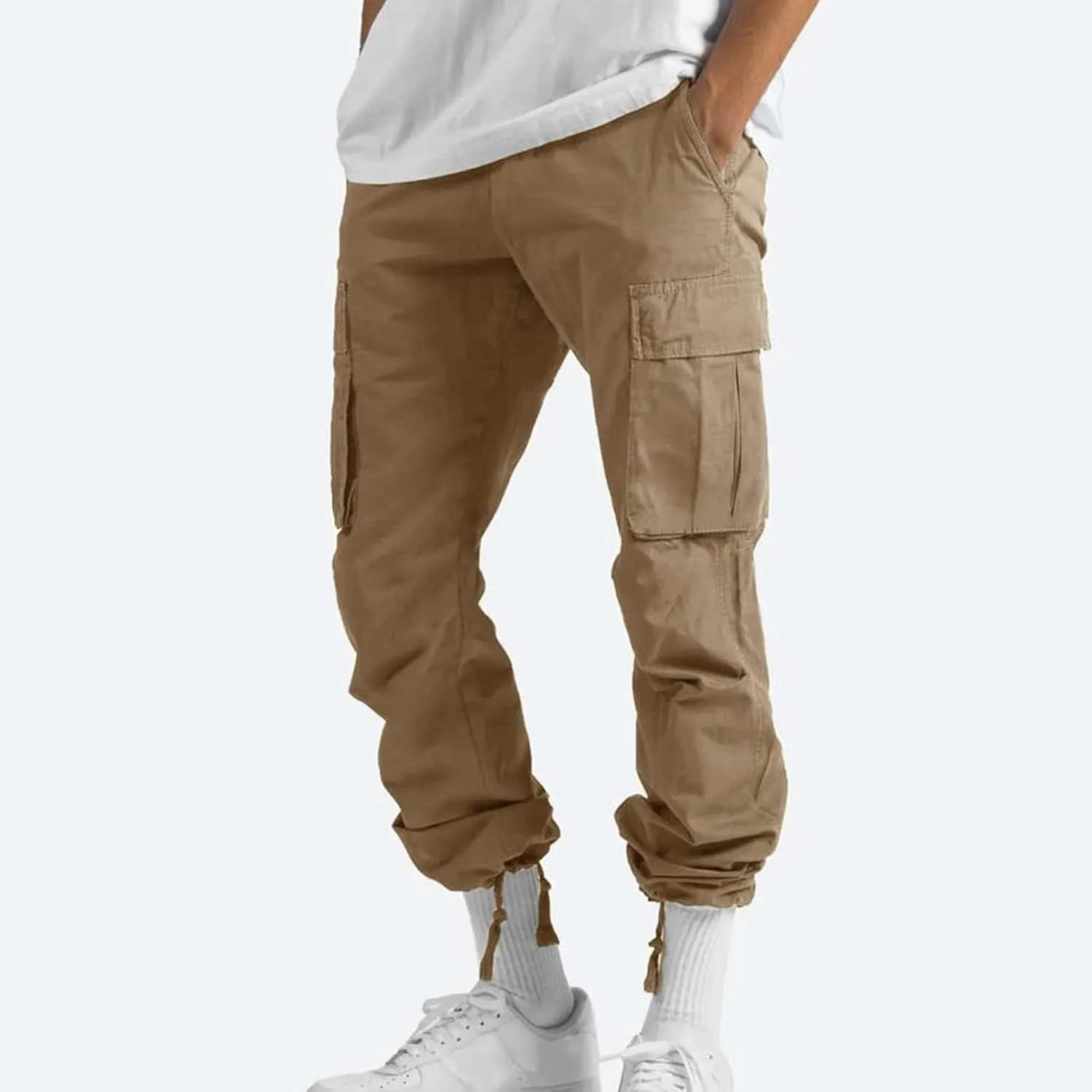 Mens Cargo Pants Casual Drawstring Waist Parachute Pants Baggy Outdoor Adjustable Hiking Pants with Multi Pockets