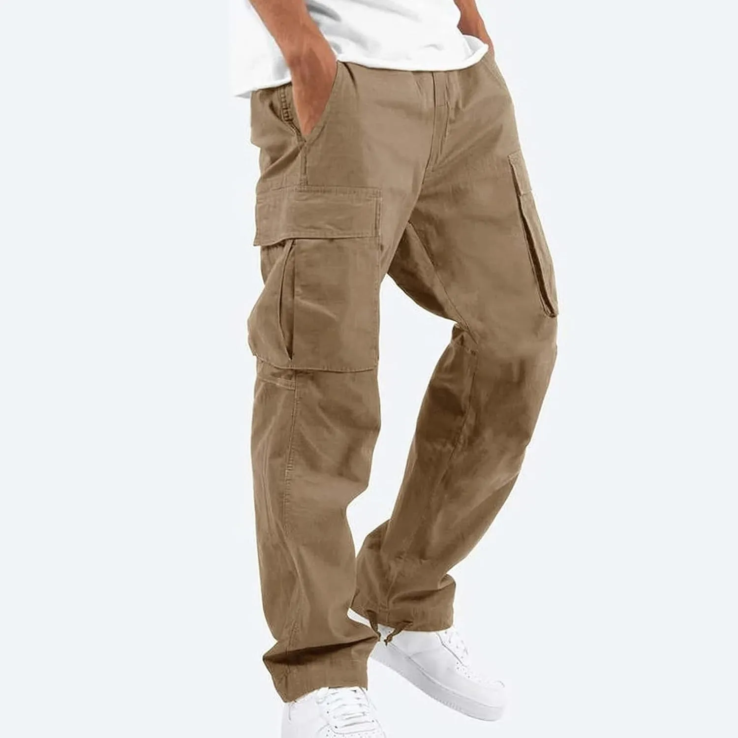 Mens Cargo Pants Casual Drawstring Waist Parachute Pants Baggy Outdoor Adjustable Hiking Pants with Multi Pockets