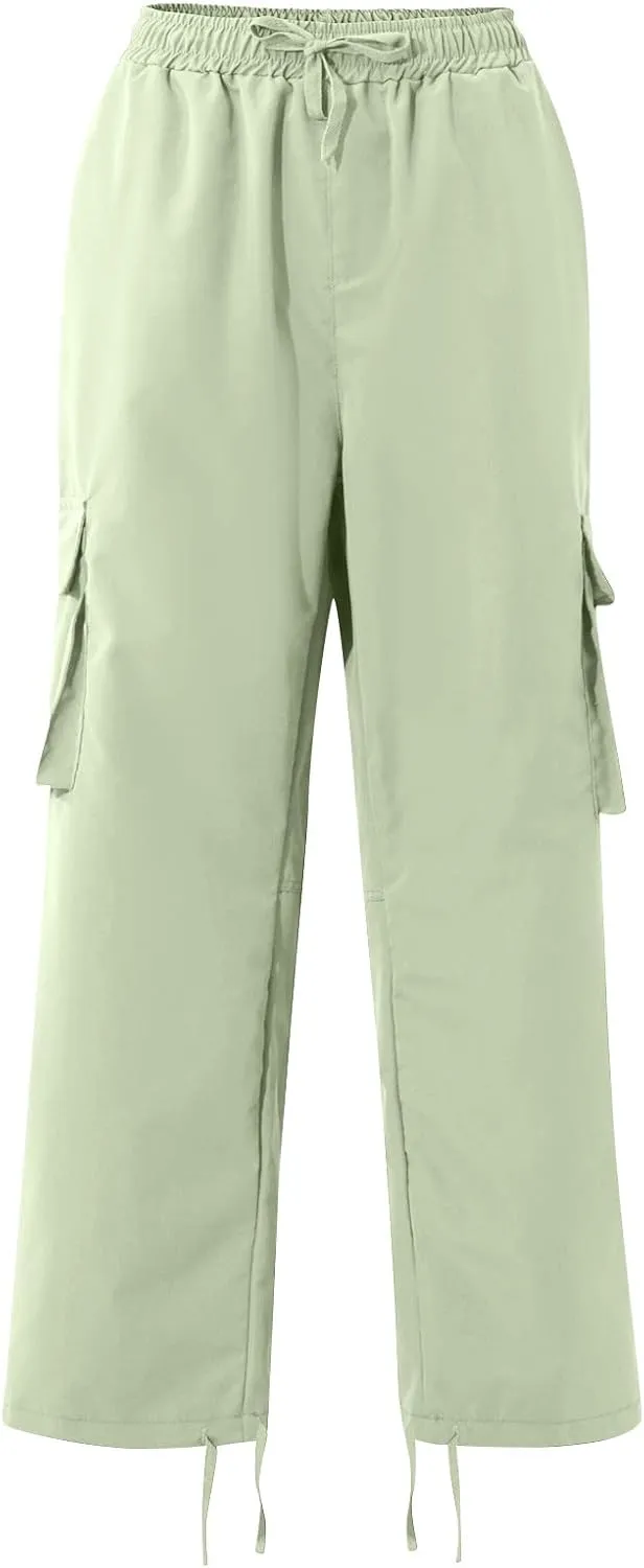 Mens Cargo Pants Casual Drawstring Waist Parachute Pants Baggy Outdoor Adjustable Hiking Pants with Multi Pockets