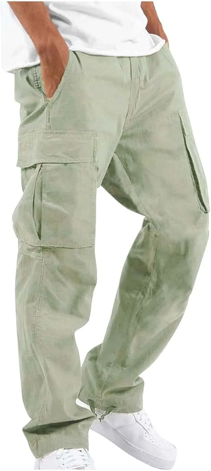 Mens Cargo Pants Casual Drawstring Waist Parachute Pants Baggy Outdoor Adjustable Hiking Pants with Multi Pockets