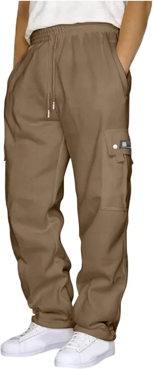 Mens Cargo Sweatpants Drawstring Athletic Pants Elastic Waist Baggy Joggers Overalls Casual Loose Fit Trousers