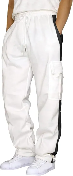 Mens Casual Cargo Sweatpants Athletic Drawstring Pants Elastic Waist Wide Leg Overalls Loose Fit Workout Trousers