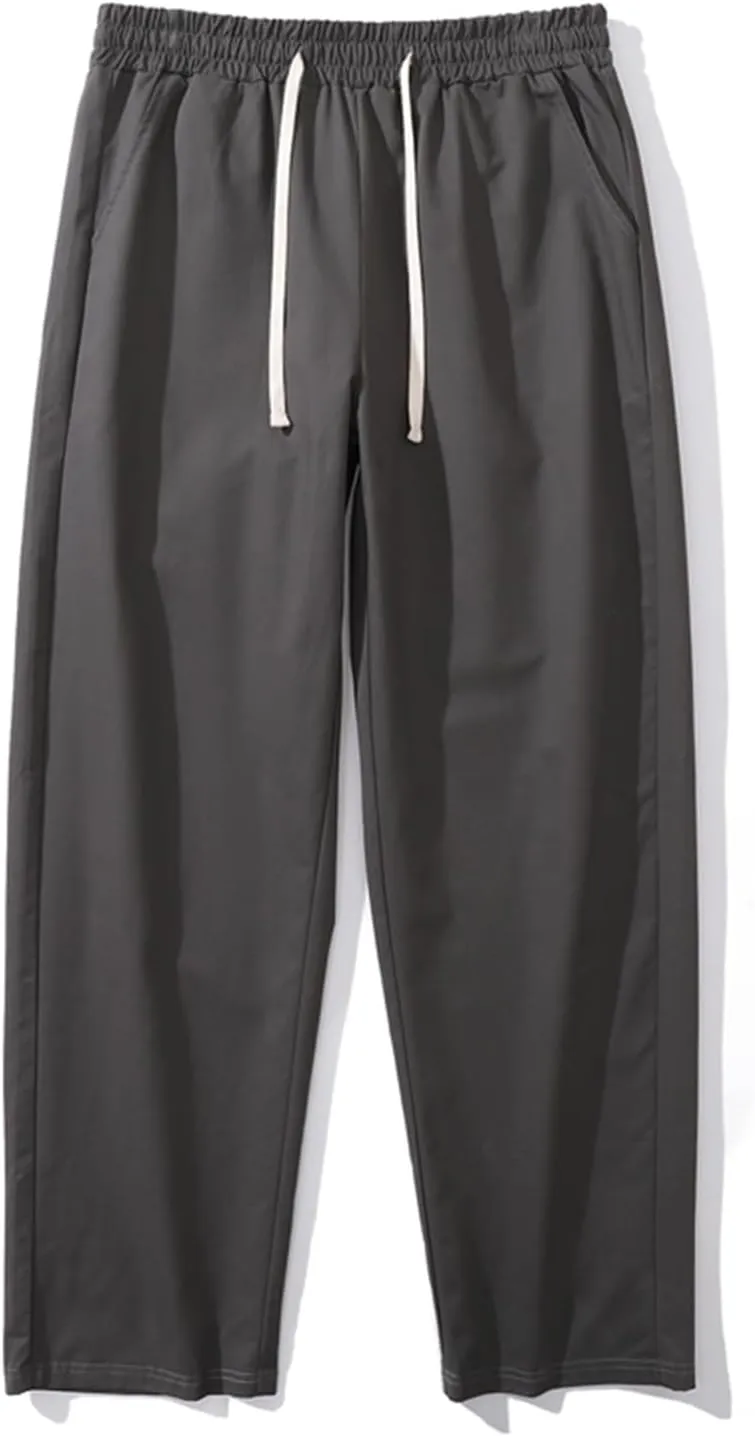 Mens Casual Cotton Pants Elastic Waist Drawstring Straight Leg Trousers Lightweight Breathable Pants with Pockets