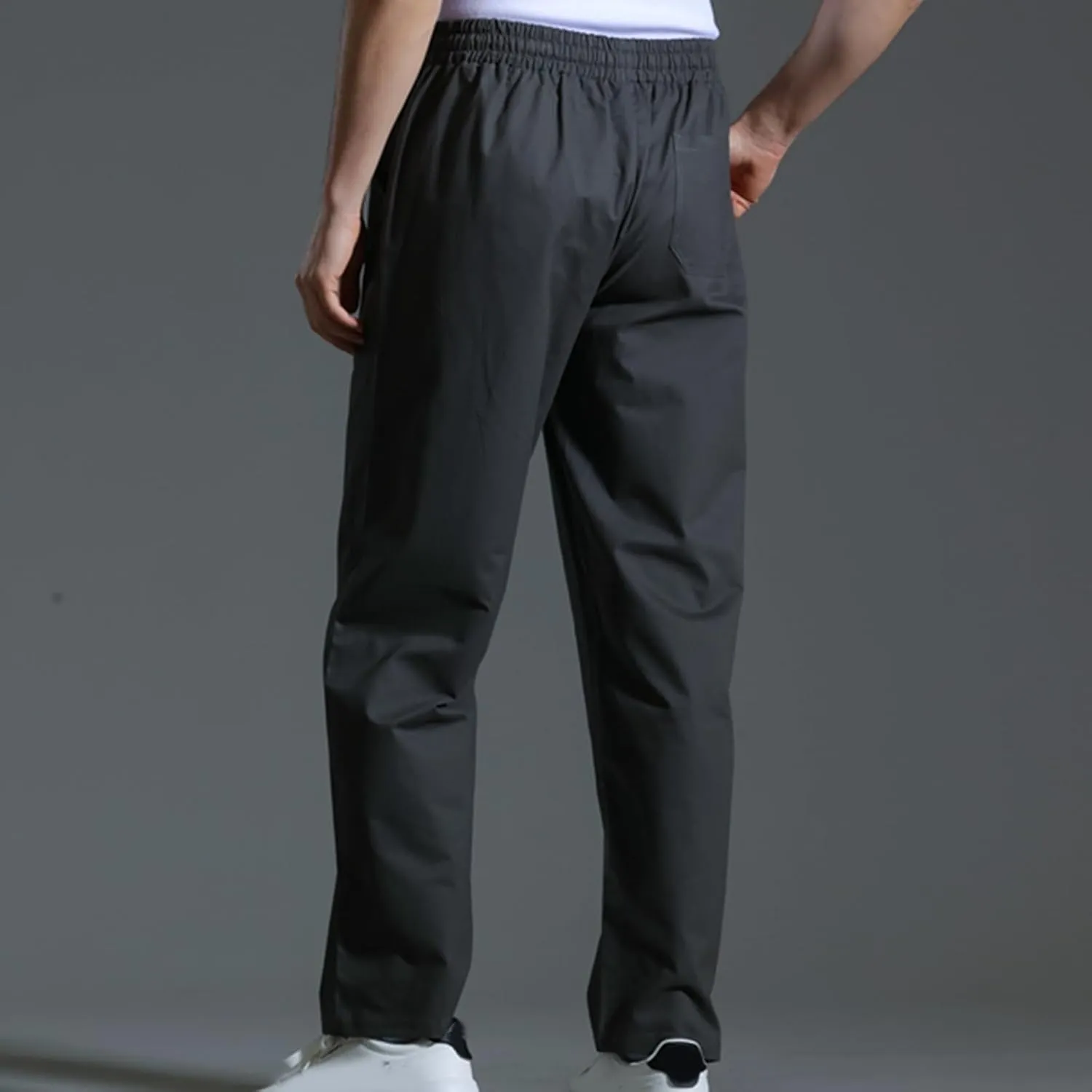 Mens Casual Cotton Pants Elastic Waist Drawstring Straight Leg Trousers Lightweight Breathable Pants with Pockets