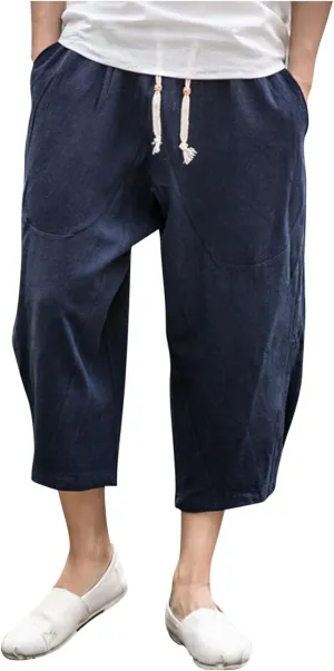 Mens Casual Linen Pants Below Knee Relaxed Fit Wide Leg Baggy Trousers Elastic Waistband Capri Comfy Gym Pants