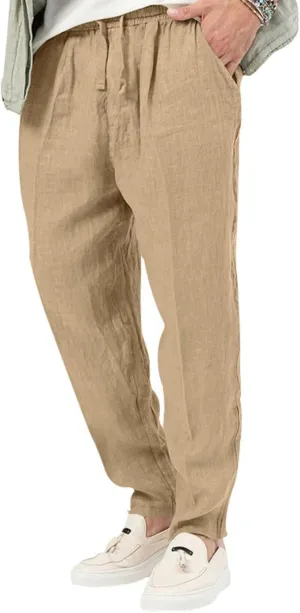Mens Casual Linen Pants Drawstring Elastic Waist Loose Sweatpants Lightweight Straight Leg Outdoor Workout Trousers