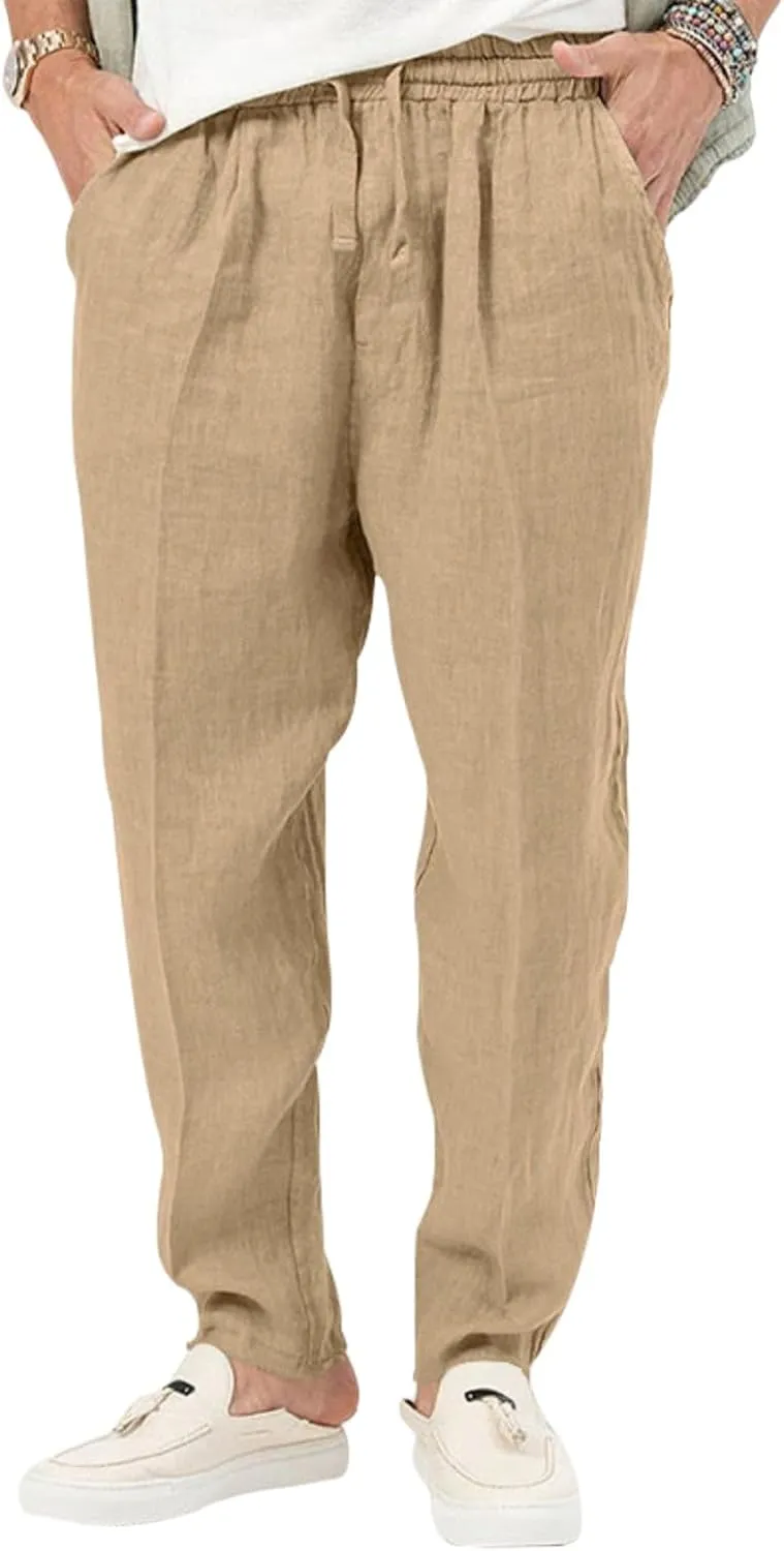 Mens Casual Linen Pants Drawstring Elastic Waist Loose Sweatpants Lightweight Straight Leg Outdoor Workout Trousers