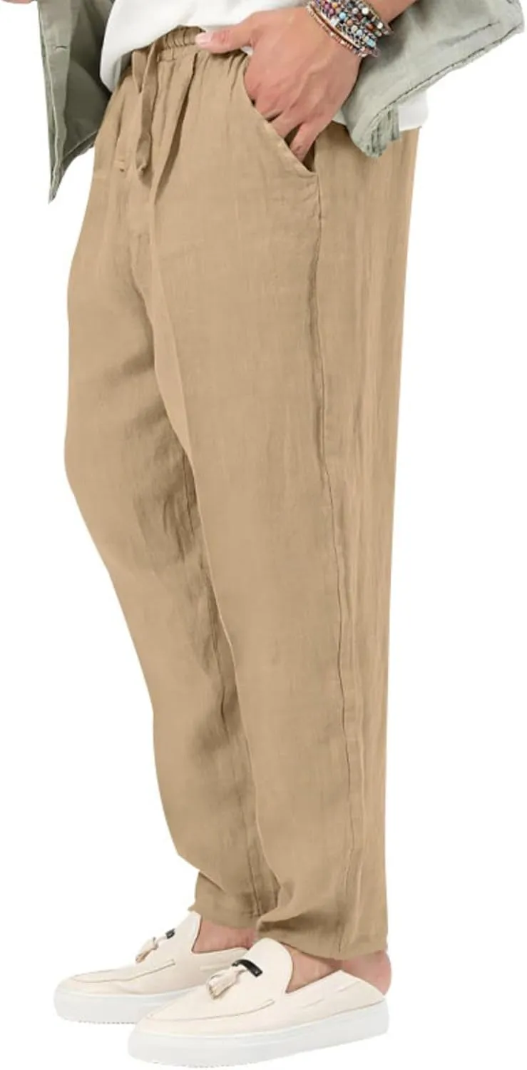 Mens Casual Linen Pants Drawstring Elastic Waist Loose Sweatpants Lightweight Straight Leg Outdoor Workout Trousers