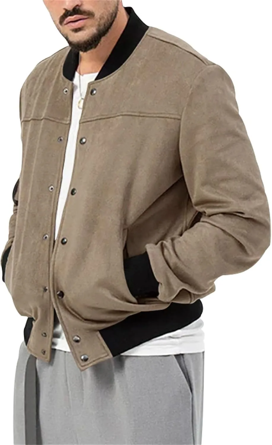 Mens Casual Long Sleeve Varsity Cardigan Jacket Suede Bomber Button Down Lightweight Baseball Letterman Jacket
