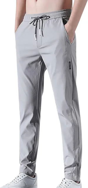 Men's Casual Pants Ice Silk Solid Lightweight Drawstring Elastic Waist Trousers Straight Leg Fitted Pant with Pockets Sweat Pants for Mens,Grey,XXXXXL