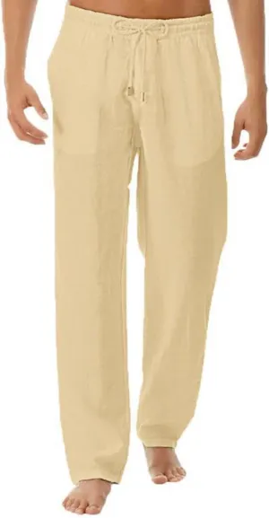 Mens Casual Pants Relaxed Fit Elastic Waist Baggy Linen Pants Lightweight Drawstring Summer Beach Yoga Trousers with Pockets