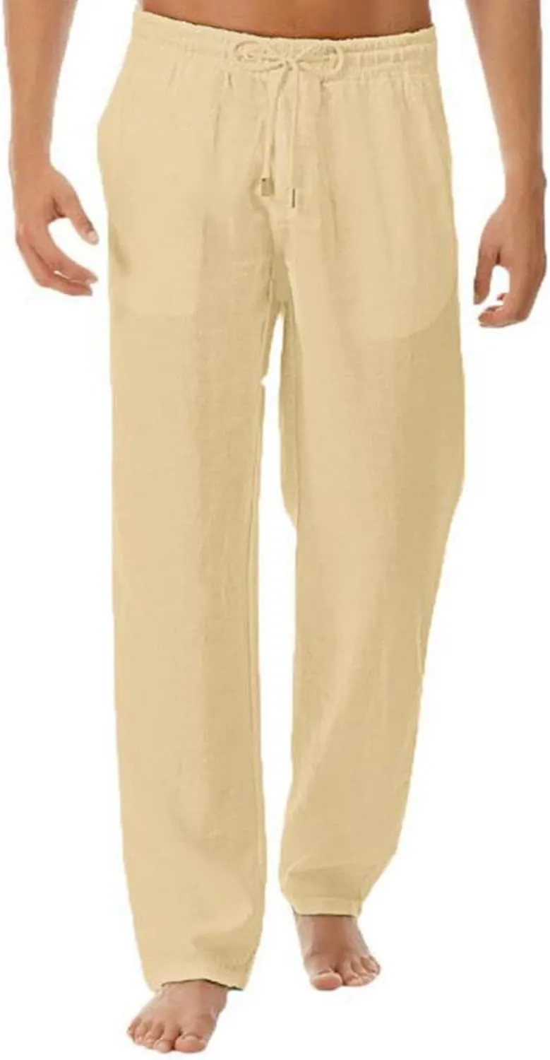 Mens Casual Pants Relaxed Fit Elastic Waist Baggy Linen Pants Lightweight Drawstring Summer Beach Yoga Trousers with Pockets